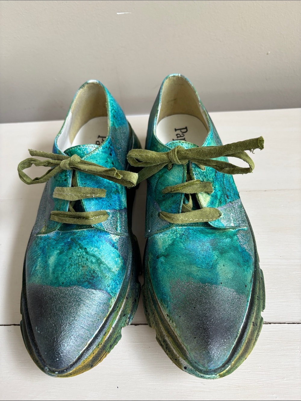 PAPUCEI Turquoise Teal Metallic Leather Hand Painted Lace-Up Shoes